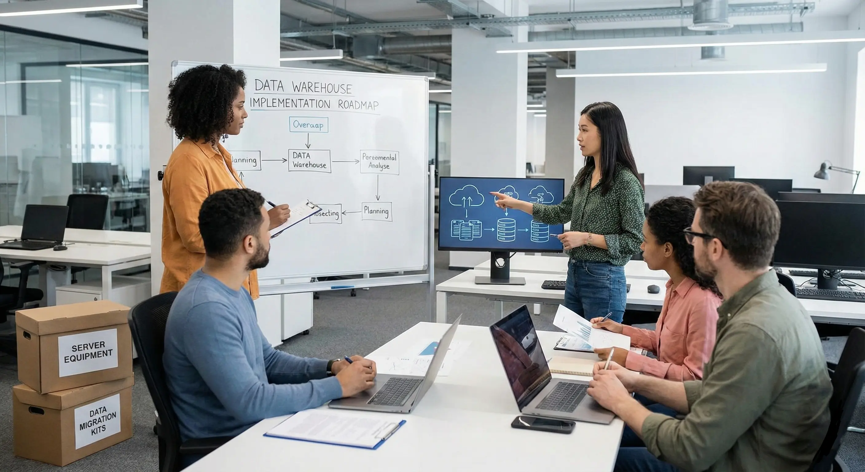 Team of professionals discussing data warehouse implementation