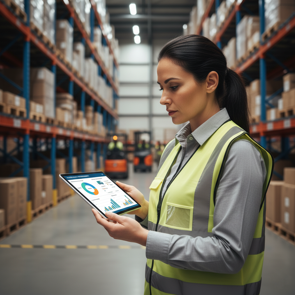 Manager reviewing warehouse dashboard